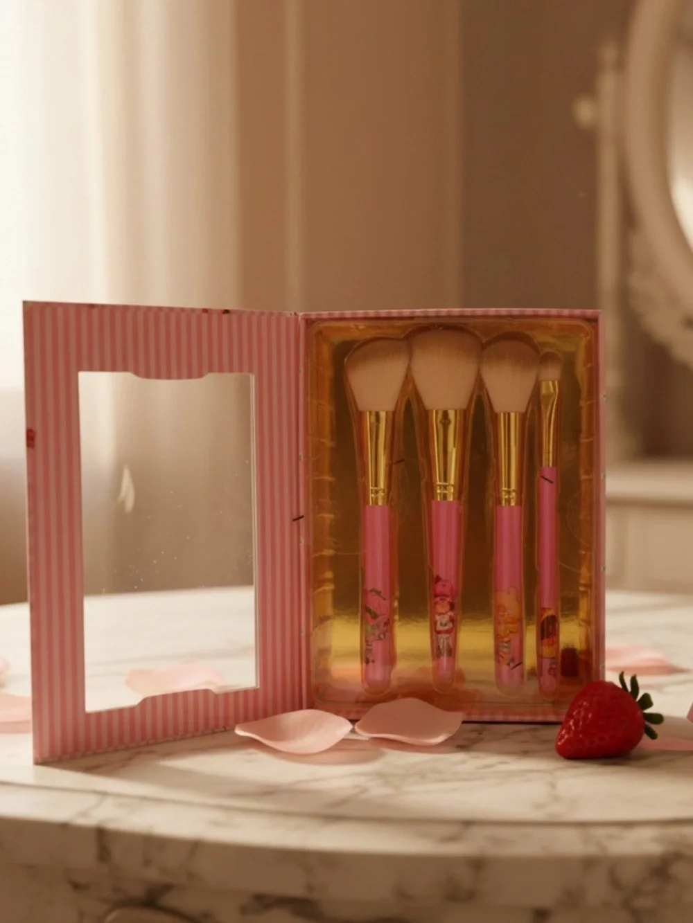 Strawberry Shortcake Cosmetic Brush Set 4PC Pink Gold Makeup Brushes New